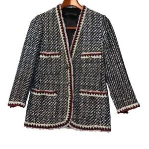 Zara Woman Black White Red Tweed Blazer Boucle Jacket
